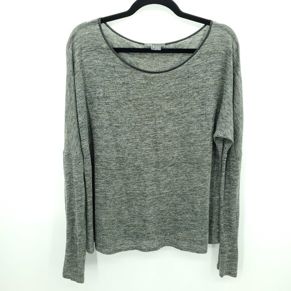Vince 100% Linen Scoop Neck Knit Long Sleeve Top W/Lambskin Trim M Gray/Black - Picture 1 of 16